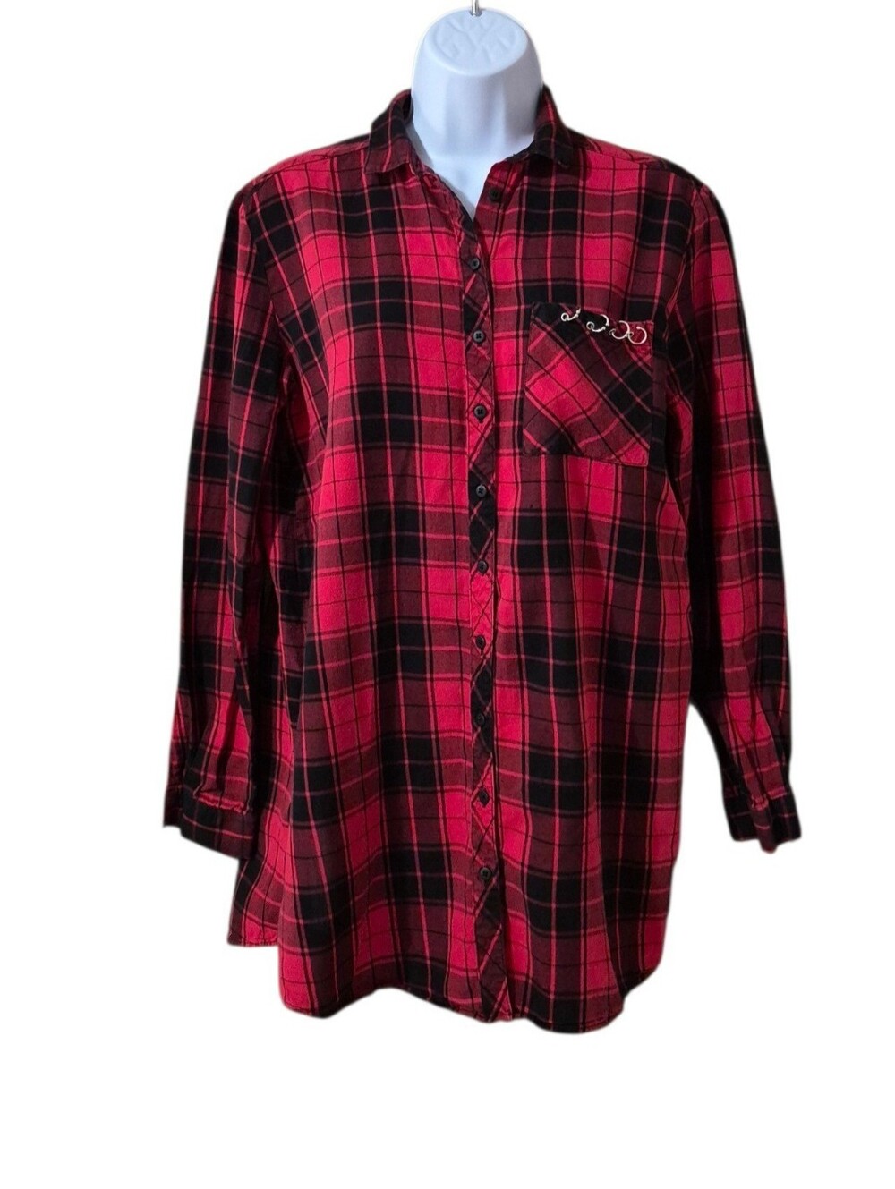LCW Young Red and Black Plaid Button-Up Flannel Shirt Metal Hoop Pocket EUC Sz S